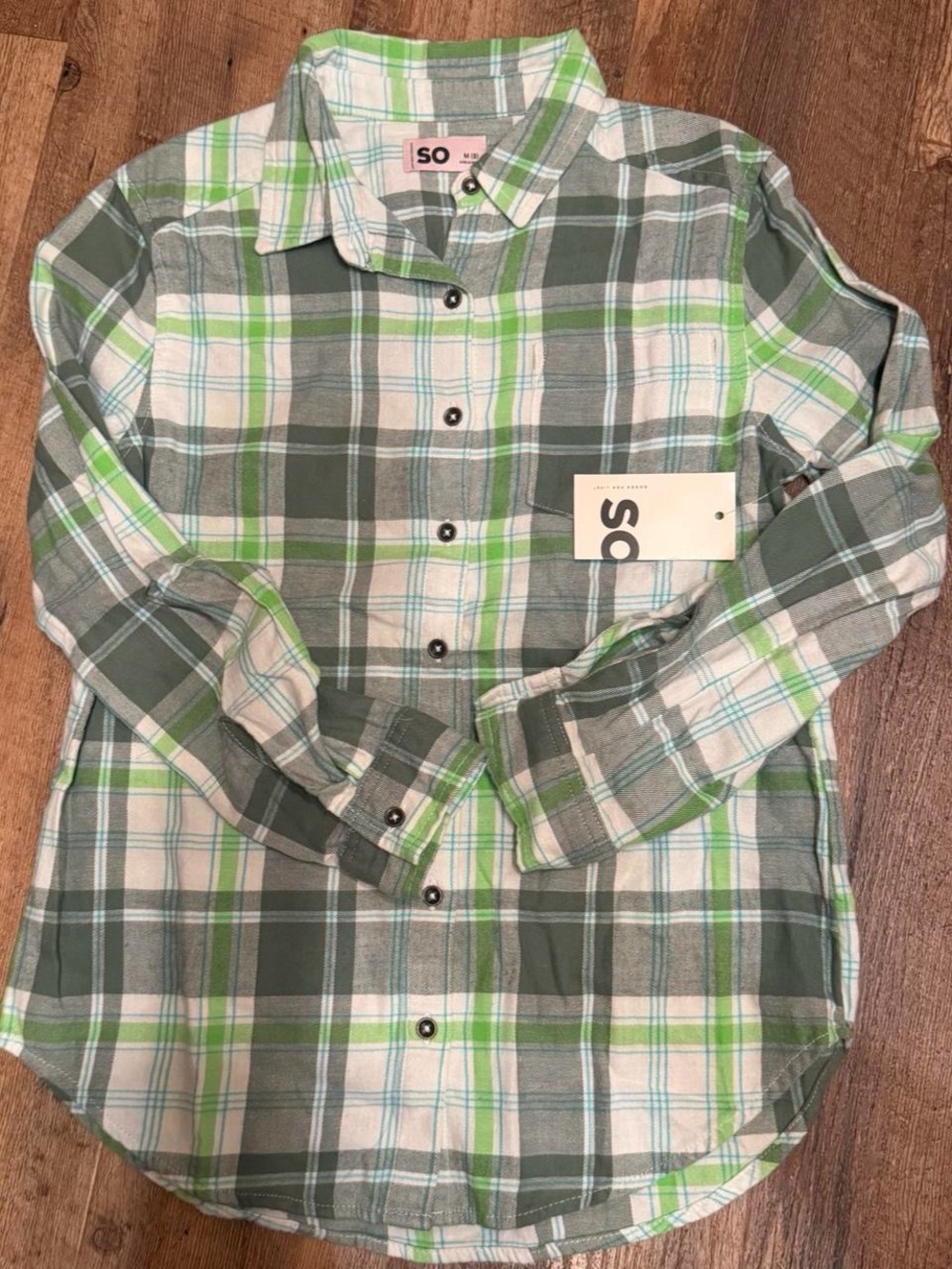 SO Kids Plaid Button-Down Shirt in Green, White and Gray